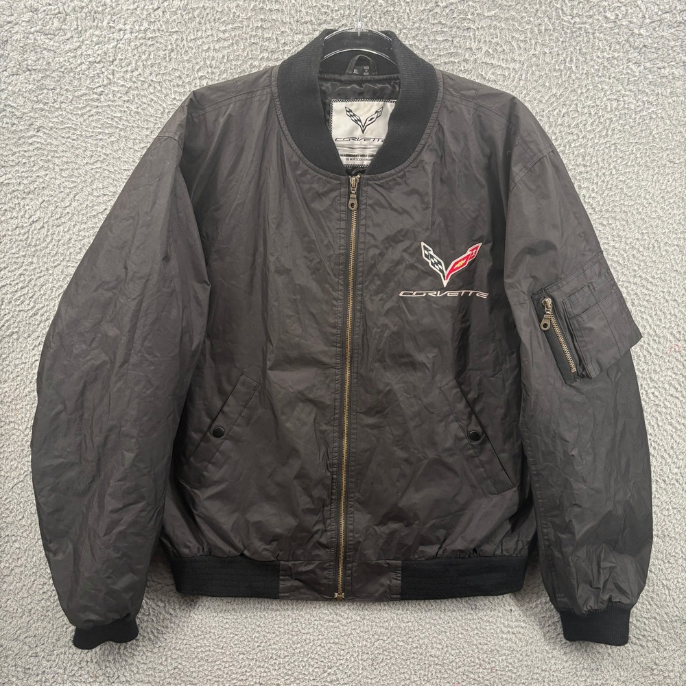 Corvette Jacket Mens XL Black Bomber Embroidered Logo Quilted Lined Chevrolet